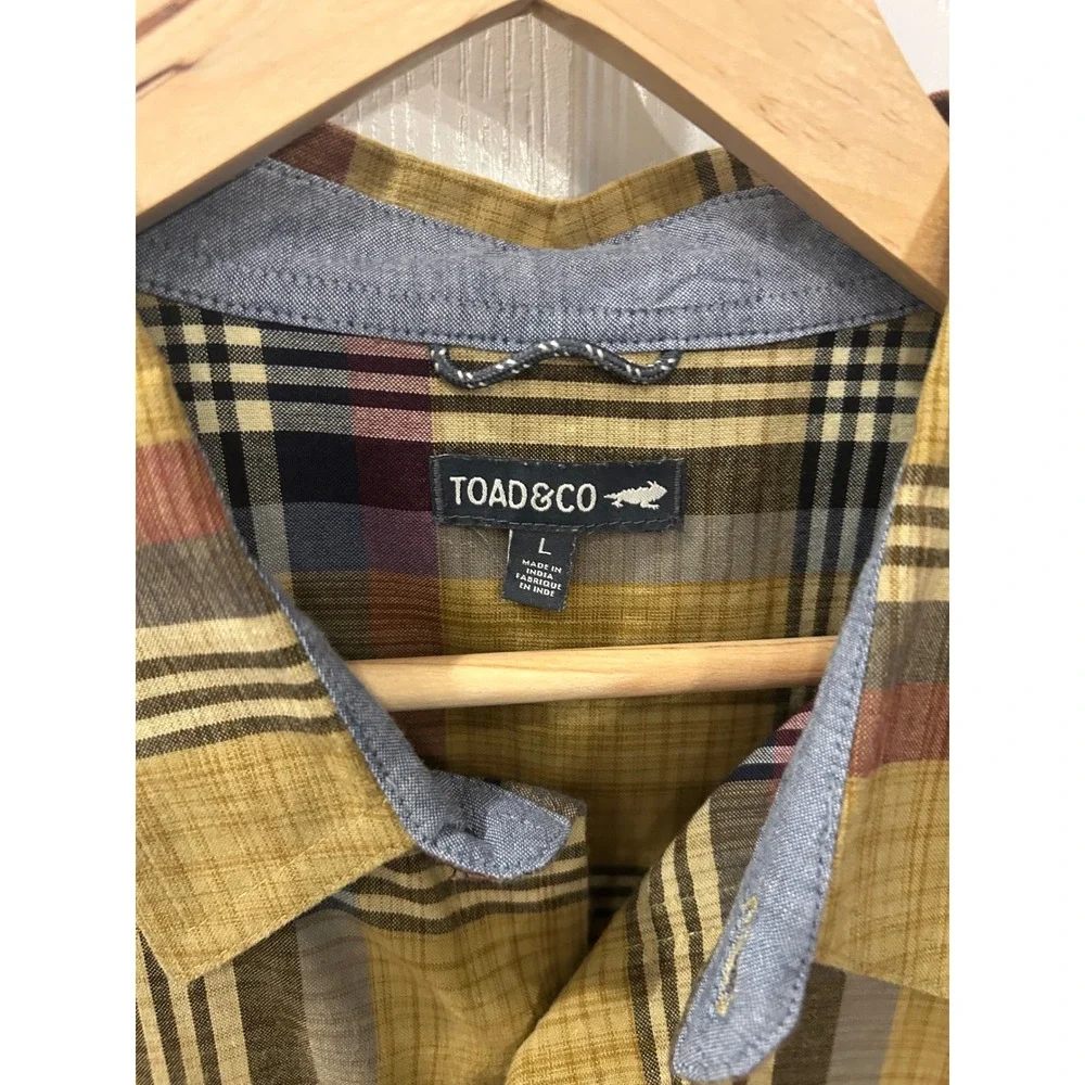 Toad&Co Button‎ Down Shirt Mustard Yellow Plaid Organic Cotton Short Sleeve L